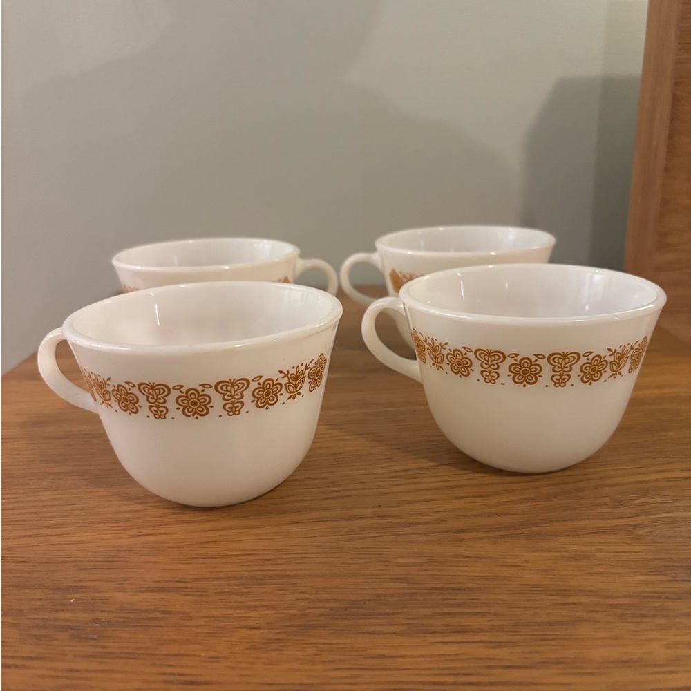 PYREX Butterfly Gold pattern vintage cups made of milk glass Set of 4